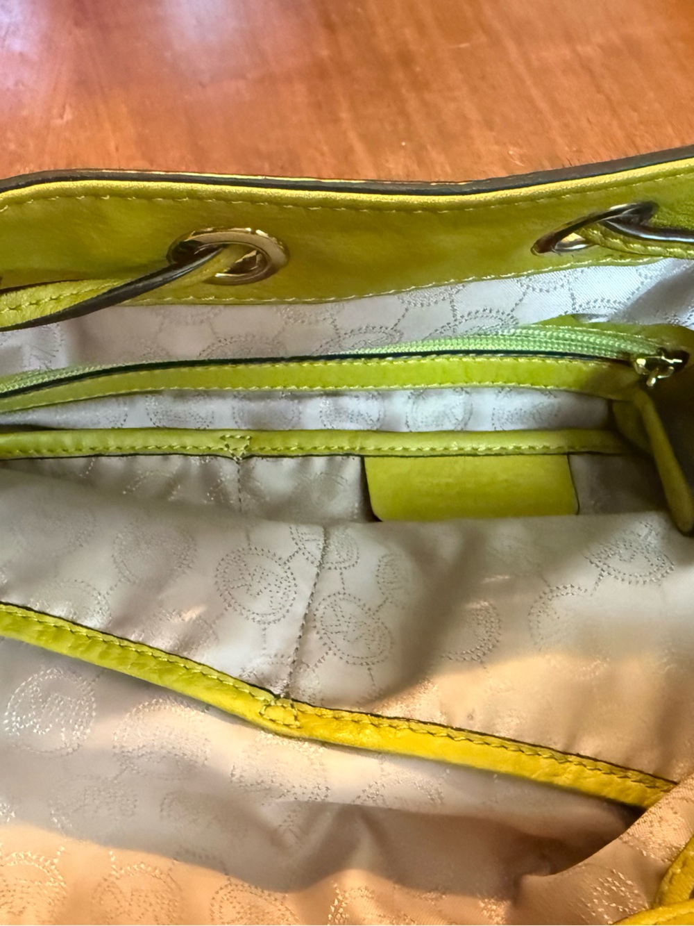 Bright Green  Leather Drawstring Tote Bag By Michael Kors - Picture 6 of 13
